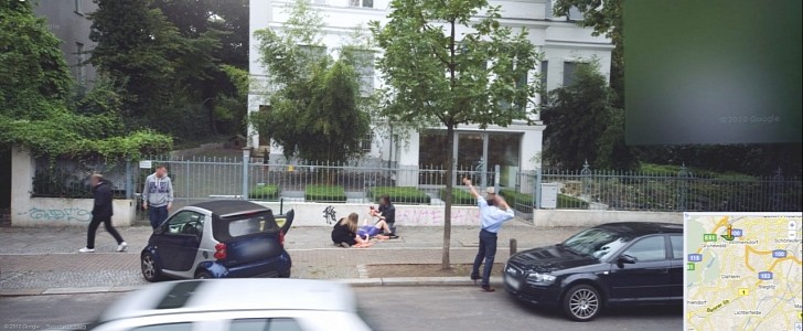 Fake Google Street View photo showing baby getting born on the sidewalk