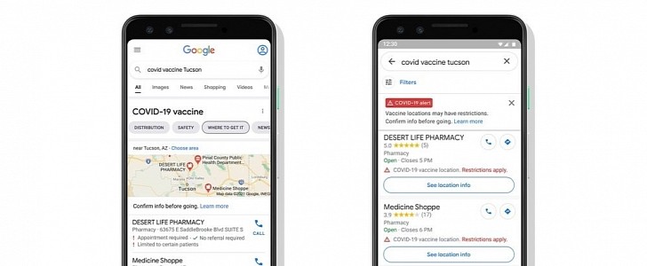 Google Maps info on vaccination sites