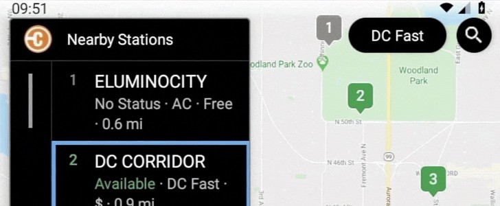 Android Auto app showing EV charging stations