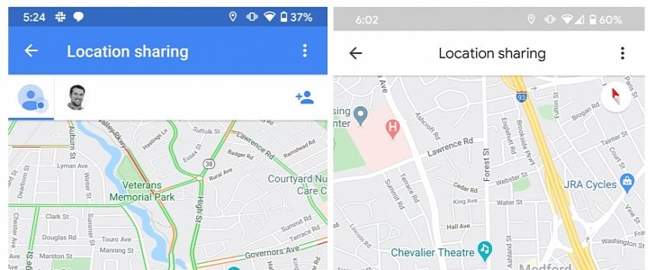 The old and the new UI for location sharing
