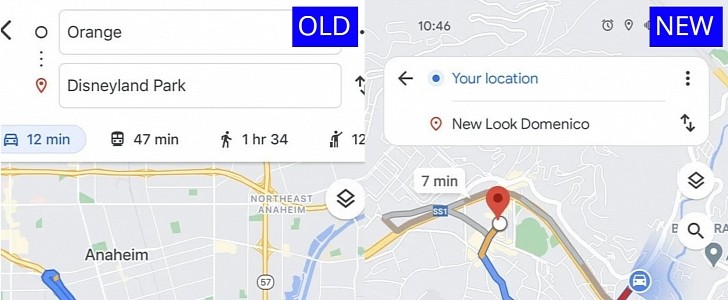 The old and new Google Maps route selection screen