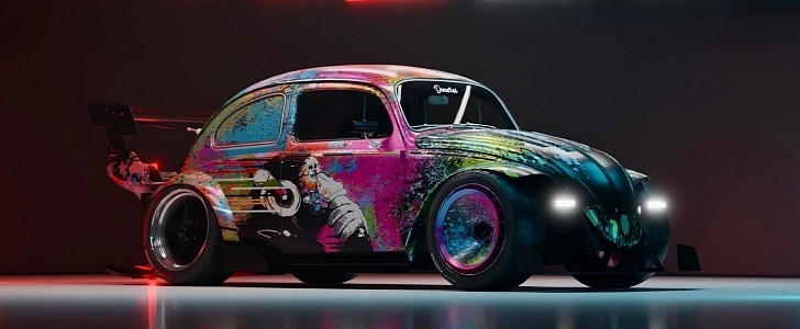 Graffiti-Bombed VW Beetle widebody restomod rendering 