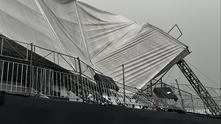 The wind ripped off the roof of the grandstand at the Interlagos circuit