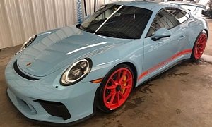 Gulf Blue 2018 Porsche 911 GT3 with Lava Orange Wheels Shocks Texas