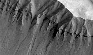 Gullies in a Wall Look Like a Set of Crooked Martian Monster Teeth