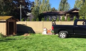 Guy Tries to Take Down a Shed with His Pickup, the Shed Fights Back