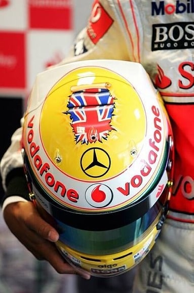 Newly-designed helmet for Hamilton, at Silverstone