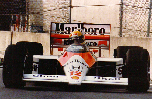 Ayrton Senna drives his McLaren MP4-4 during the Detroit GP (1988)