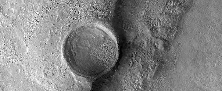 Hanging crater in the Deuteronilus Mensae region of Mars