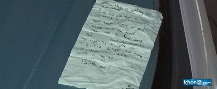 Hawaii driver leaves note for would-be car thieves to keep them from taking her vehicle