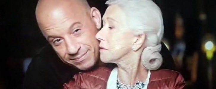 Vin Diesel and Helen Mirren share a moment at the end of shooting action packed scene for Fast 9
