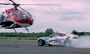 Helicopter "Drifts" Following 1,000 HP Toyota GT86 Drift Car in Red Bull Stunt