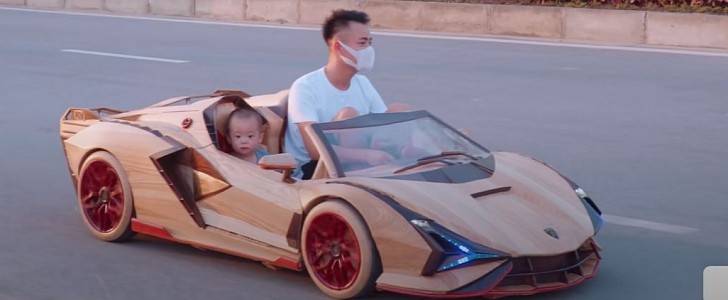 Dad of the year makes Lamborghini Sian Roadster out of wood for his unimpressed toddler