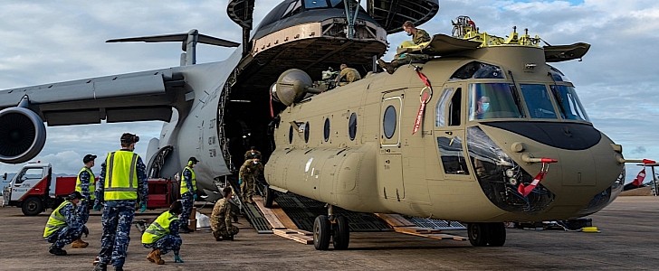 C-5M Super Galaxy unloading one of two CH-47F Chinooks