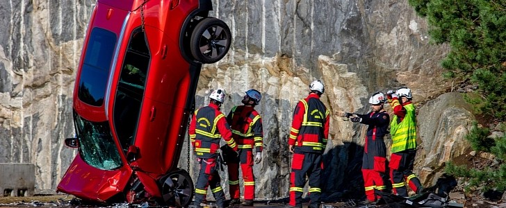 Volvo performs most extreme crash test, drops new vehicles from crane for science