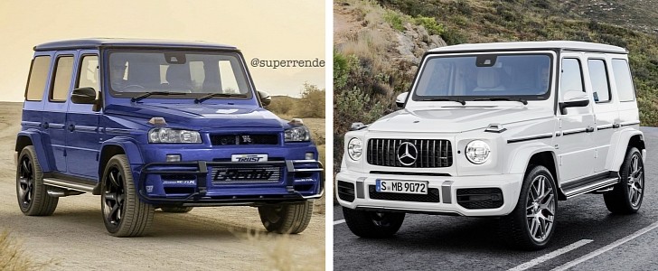 Mercedes-AMG G63 rendered with an R34 Nissan Skyline GT-R face