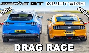 High Stakes All-Ford Drag Race: Mustang GT vs Mach-E GT Mustang-Wannabe