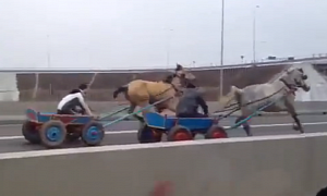Horse and Cart Racing on Highway in Romania