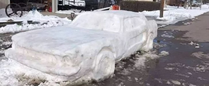 A 1967 Ford Mustang GTA made entirely out of snow in Nebraska