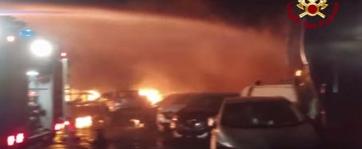 Hundreds of Maseratis burn in Savona port, Italy, after flood