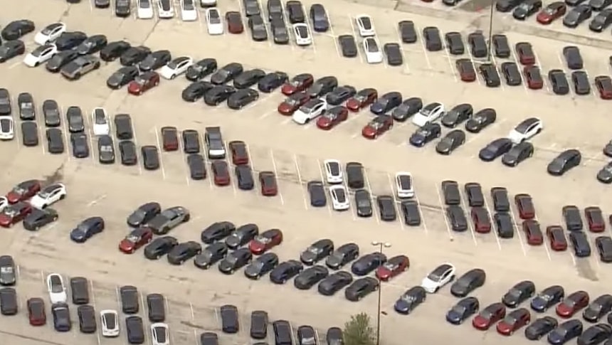 Teslas parked in the parking lot of a shopping mall in Chesterfield