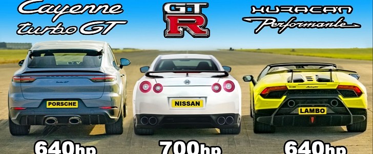 Huracan Gets Challenged by a 700-HP GT-R and Cayenne Turbo GT, Doesn't Seem Fazed