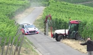 Hyundai i20 WRC Avoids Crashing into a Tractor by Inches, Rally Brakes Are Unbelievable