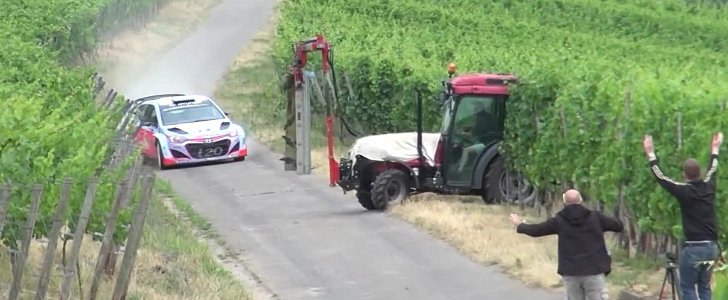 Hyundai i20 WRC Avoids Crashing into a Tractor by Inches