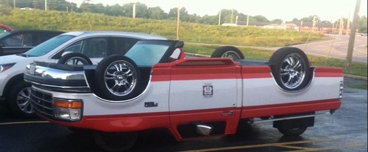 Upside down Ford pickup truck