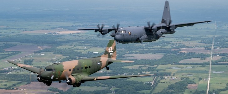 AC-47 and AC-130J fly together, in preparation for the upcoming airshow