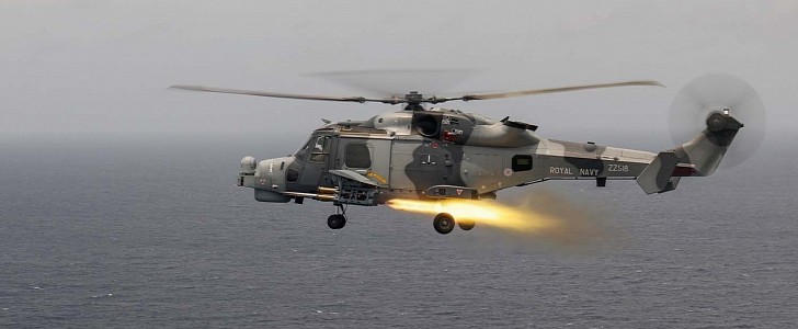 Royal Navy Wildcat helicopter fires its first operational Martlet missile 