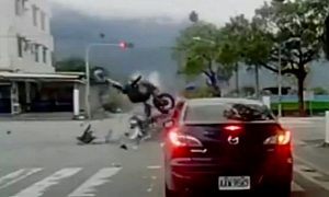 Incredible Head-On Crash, Motorcyclist Flies Through the Air with Minor Injuries