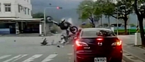 Incredible Head-On Crash, Motorcyclist Flies Through the Air with Minor Injuries