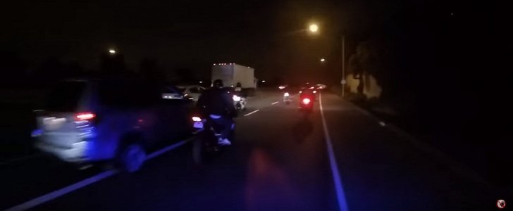 SUV vs. motorcyclist road-rage