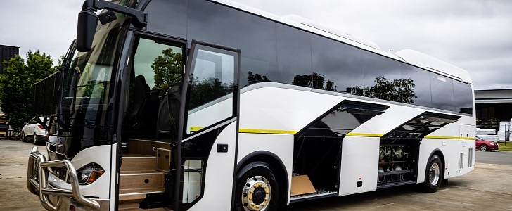 Australia's first hydrogen fuel cell-powered coach is equipped with eight hydrogen tanks