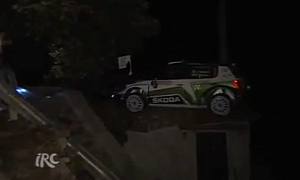 IRC Skoda Fabia Rally Car Crashes on Top of House
