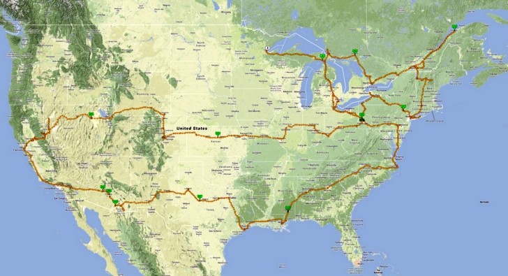 The winning  11,799 miles (18,985 km) route of Derek Dickson in the 2013 Iron Butt rally.