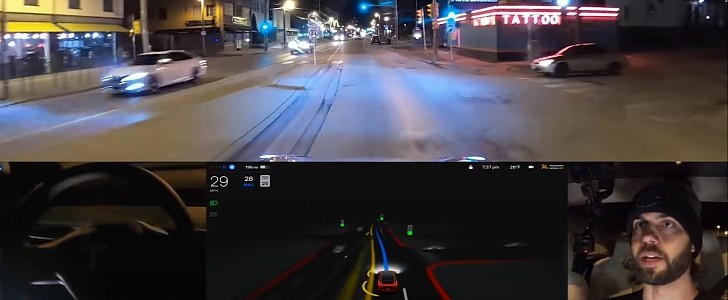 Tesla Model 3 on FSD Beta at night