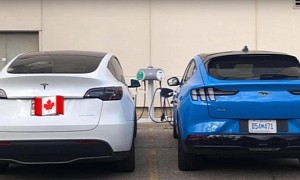 Is This the First Side-by-Side Shot of Tesla Model Y and Ford Mustang Mach-E?