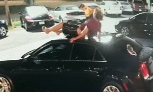 It’s Raining Men: Dude in Swim Trunks Falls on Chrysler at Car Dealership