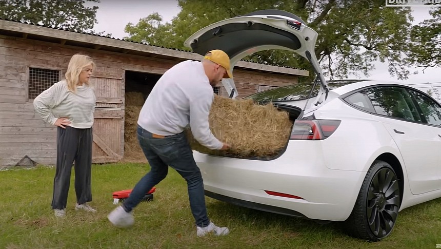 Izzy Hammond testing a Tesla Model 3 Performance for farm duties