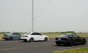 Jaguar F-Type P450 Drag Races Infiniti Q60 Red Sport 400 and Audi S4, V8 Muscle Prevails
