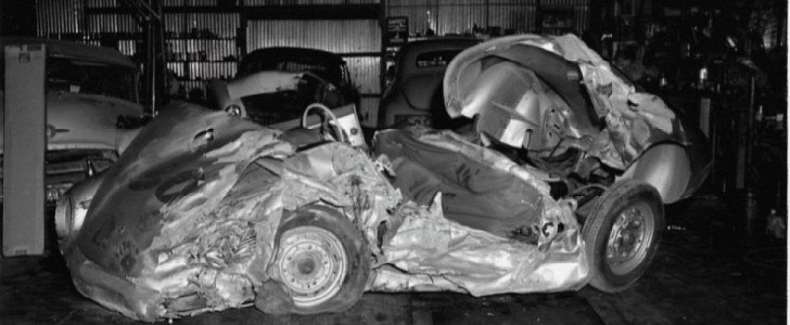 What was left of James Dean's Little Bastard, a Porsche 550 Spyder, after crashing in California