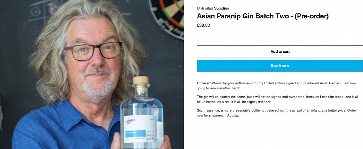 James May holding a bottle of James Gin
