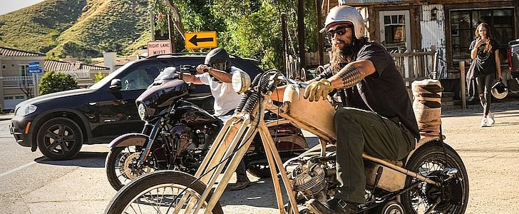 Jason Momoa social-distances on his 1947 Harley in the Los Angeles hills