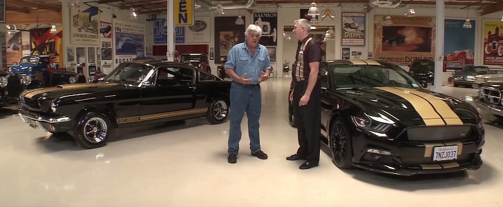 Jay Leno next to the 2016 Shelby GT-H and Ford Mustang Shelby GT350-H