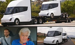 Jay Leno Drives the Tesla Semi While Hauling a Second Truck, Calls It Amazing