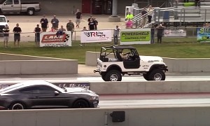 Jeep CJ Goes Drag Racing on Mud Tires, Takes on Mustang and Camaro