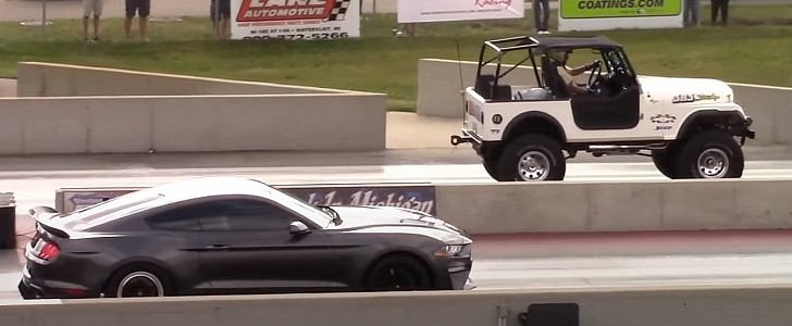 Jeep CJ-7 vs Ford Mustang drag race