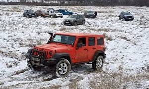 Jeep Wrangler Meets Pack of Light Dacia Dusters, Muddy Winter Challenges Arise